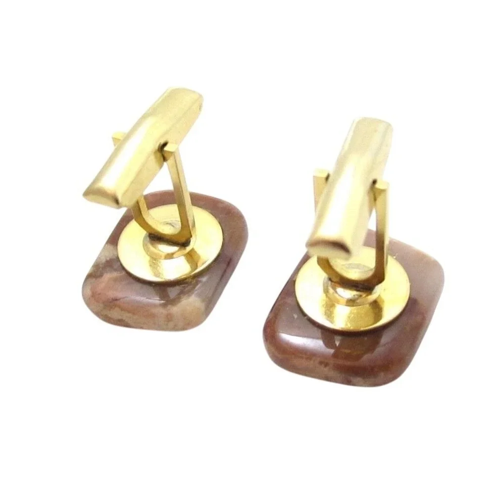 Vintage Brown & Clear Agate‎ Gemstone Cufflinks*Gold Toned*Gift*Men'S Jewelry*L7